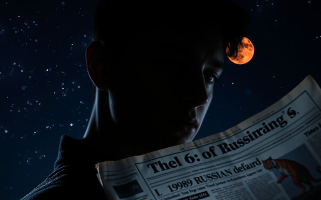 A night sky with Mars, Jupiter, and Saturn shining brightly over a vintage newspaper about the 1998 Russian default and a Chinese tiger symbol.