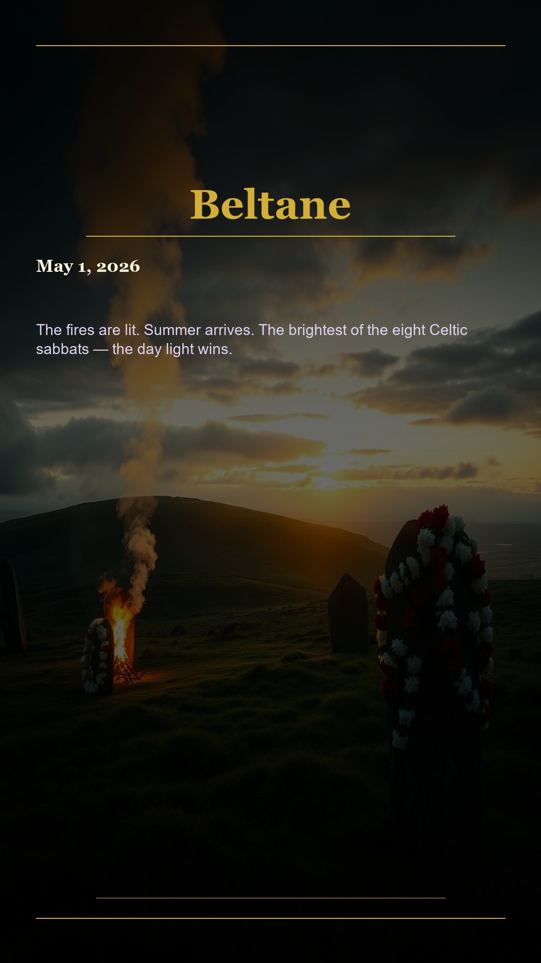 Beltane sunrise over green hill with white flower garlands and bonfire smoke