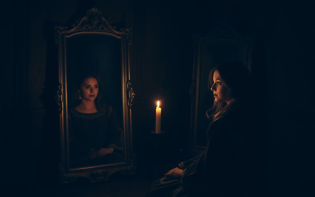 Young woman in Slavic dress performing mirror divination by candlelight on Epiphany night