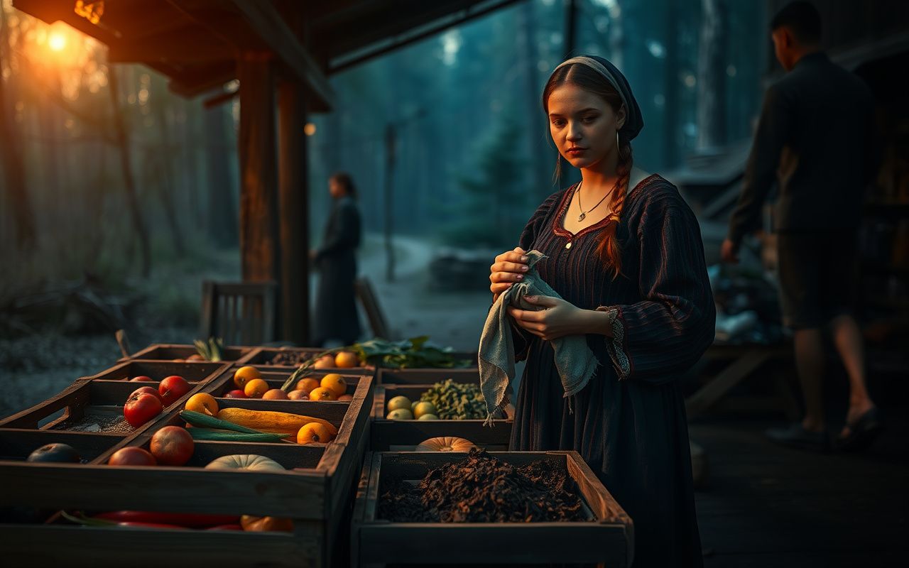 Woman at market stall holding ant hill dirt for folk sales spell, traditional Slavic setting