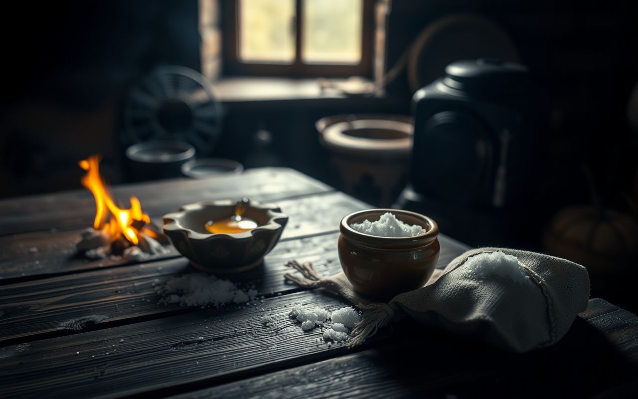 A wooden table with honey, a salt pouch, and sugar lumps near a stove, evoking Slavic folk trade rituals.