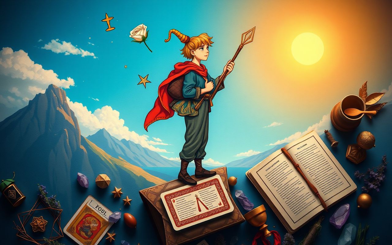 The Fool tarot card character standing on a cliff edge with a bundle and white rose, surrounded by floating tarot symbols, dreamy storybook style.