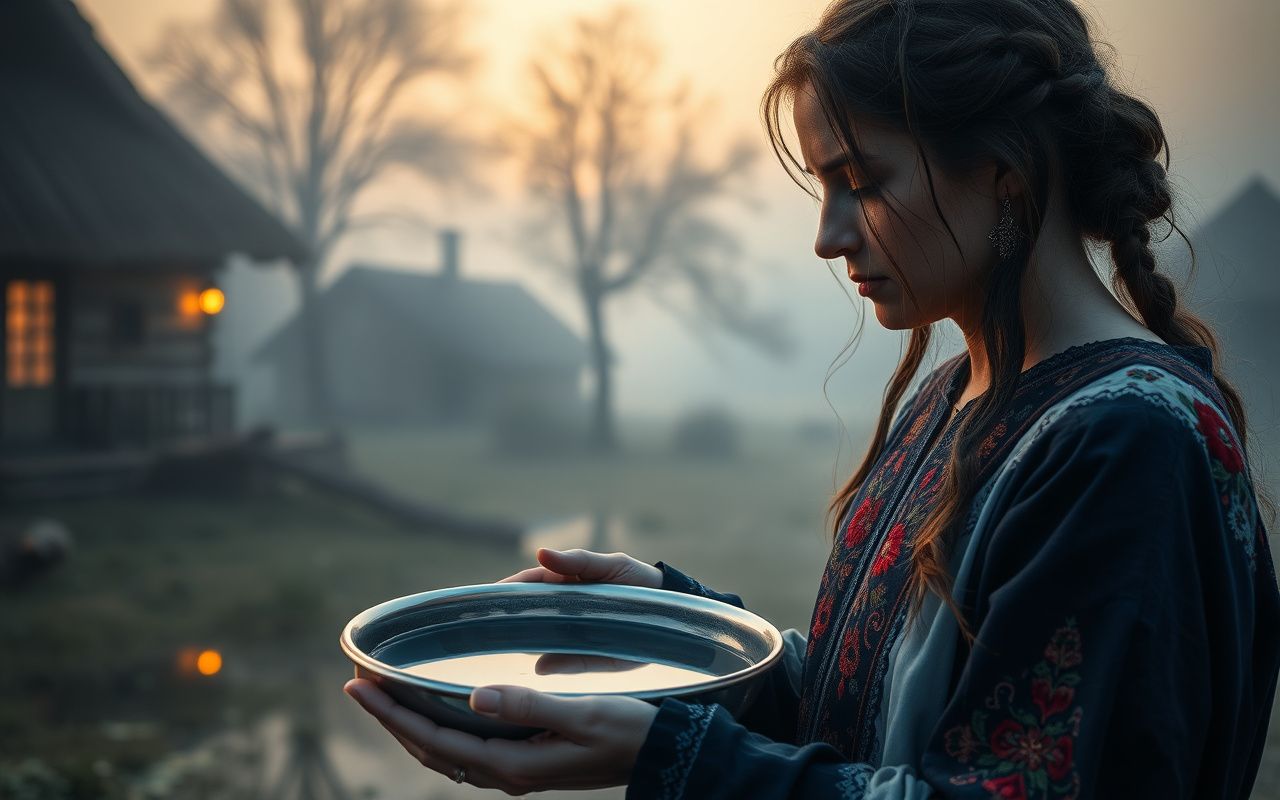 Slavic folk healing ritual at dawn with a woman holding a silver basin of water