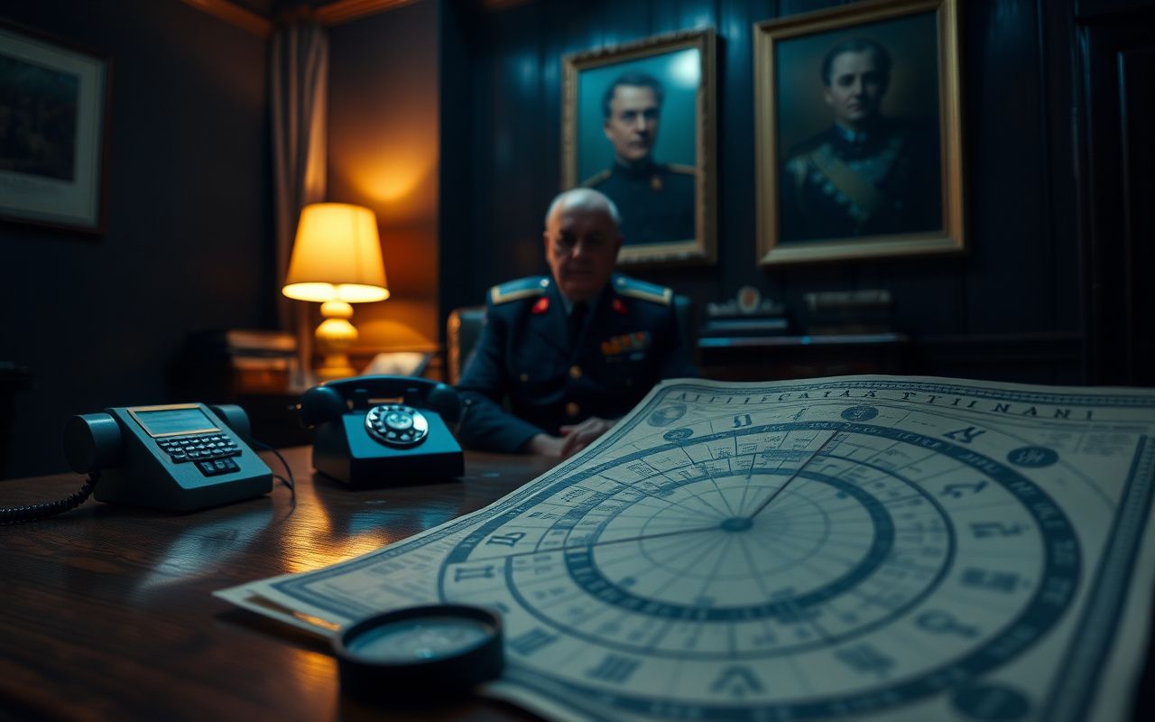 Soviet KGB officer studying an astrological chart on a desk with vintage telephone and badge, Andropov portrait in background.