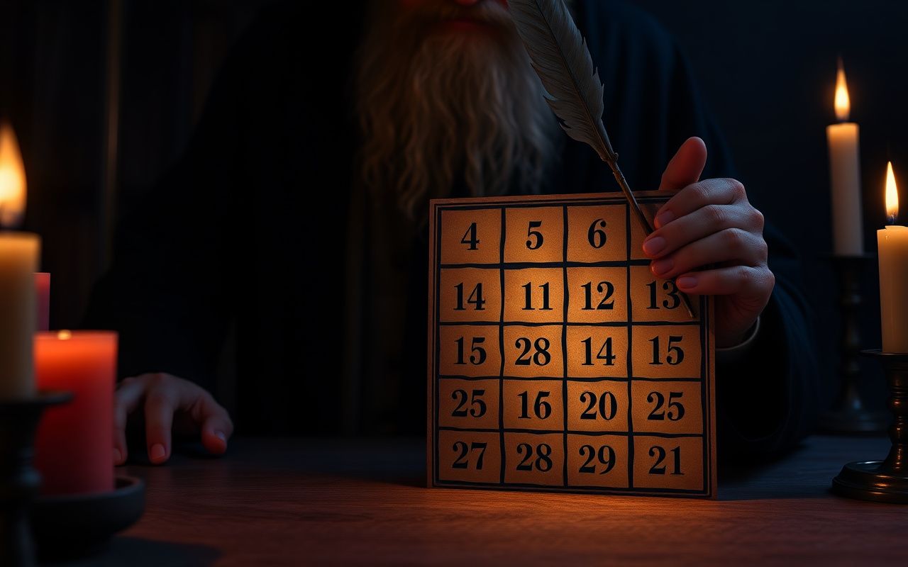 Vintage illustration of Nostradamus magic square grid with candlelight and shadowy figure