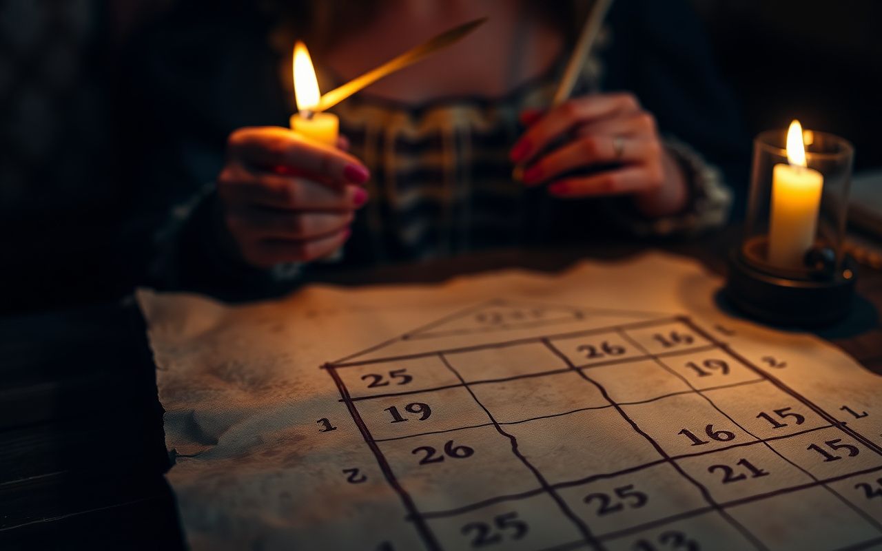 Old parchment with Nostradamus magic square grid, candlelight, vintage study atmosphere