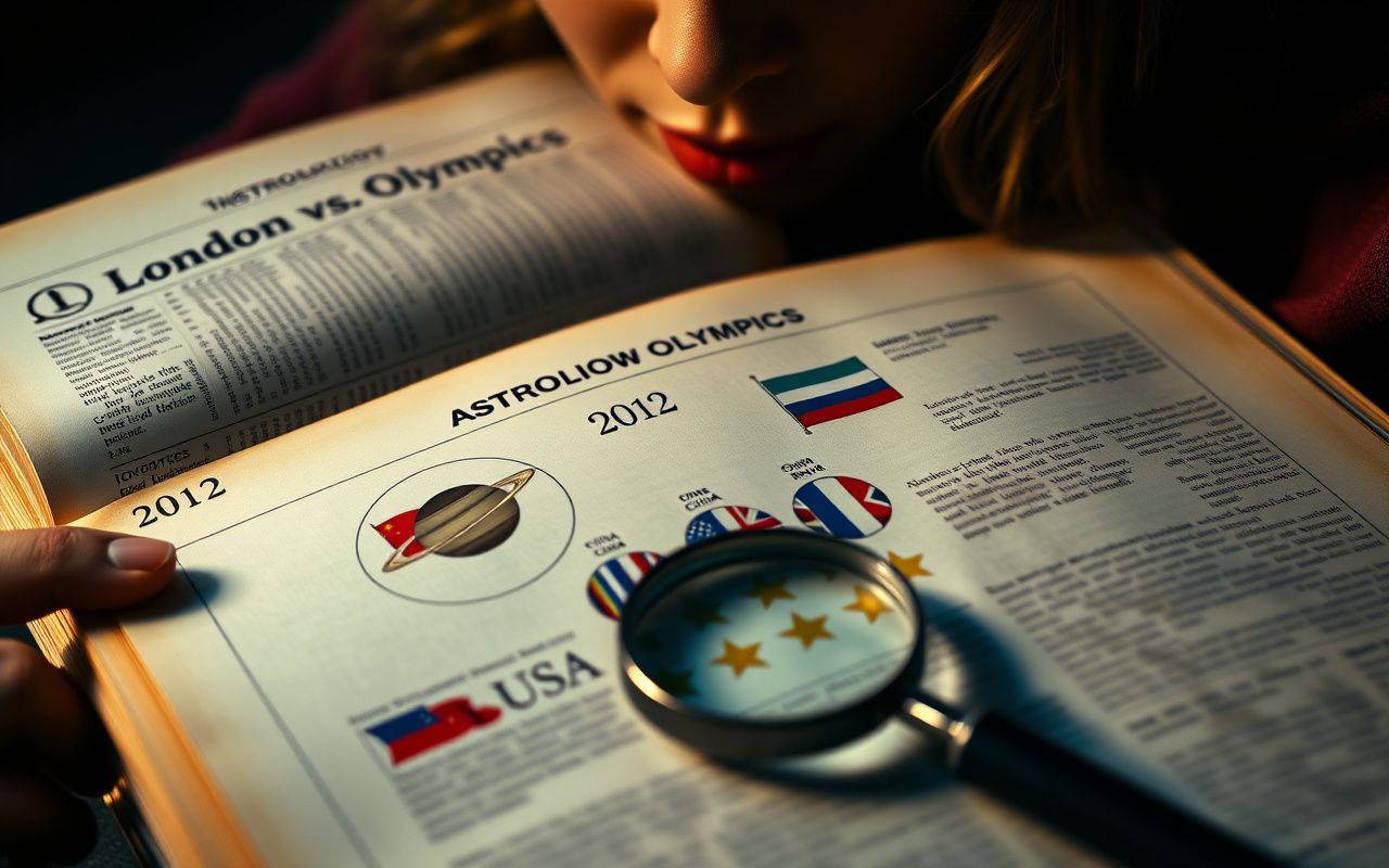 Vintage astrology magazine page with Olympic medal predictions based on Saturn and Jupiter positions, featuring national flags and a planetary diagram.