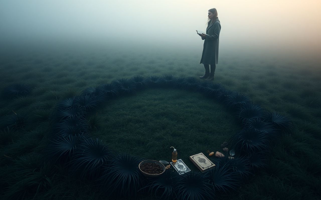 Misty field with a witch circle of mushrooms or dead grass, evoking folklore and natural mystery.