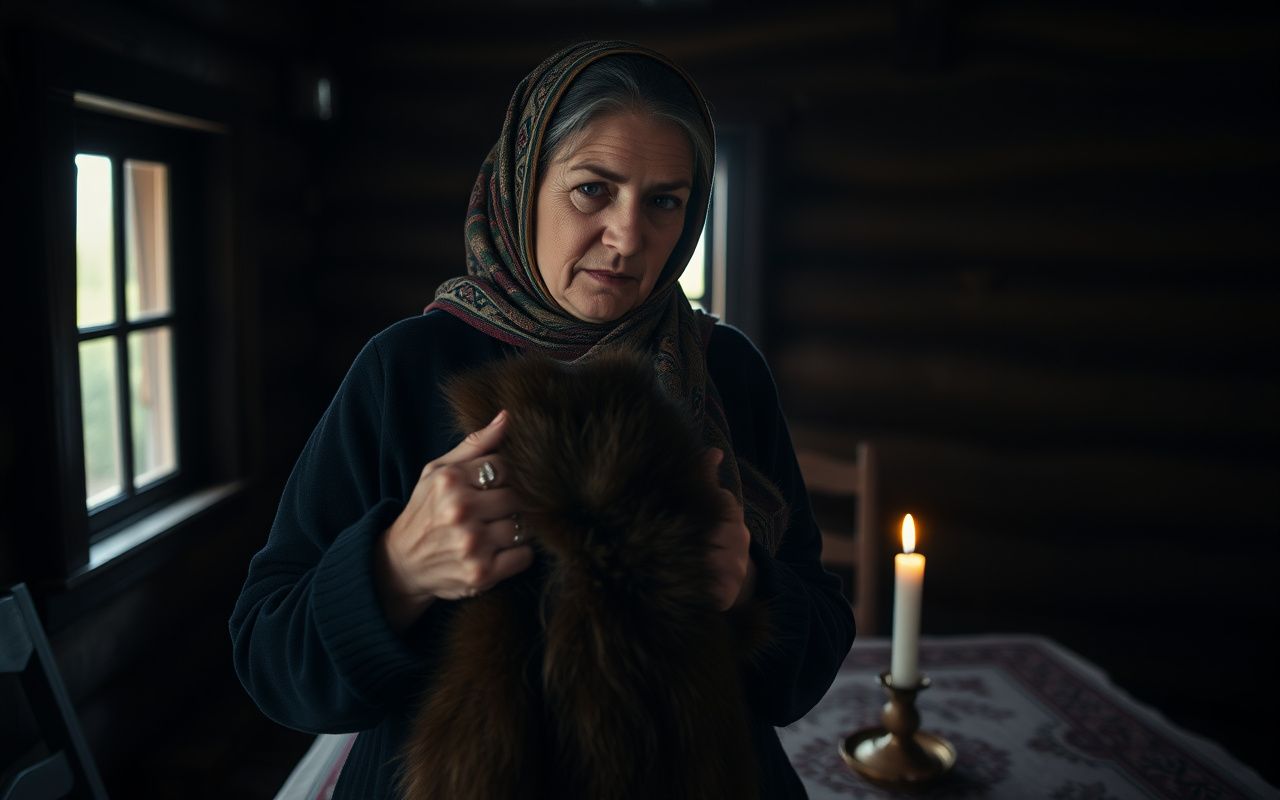 Woman holding a fur coat inside out in a rustic Russian home, candlelit table, folk ritual scene