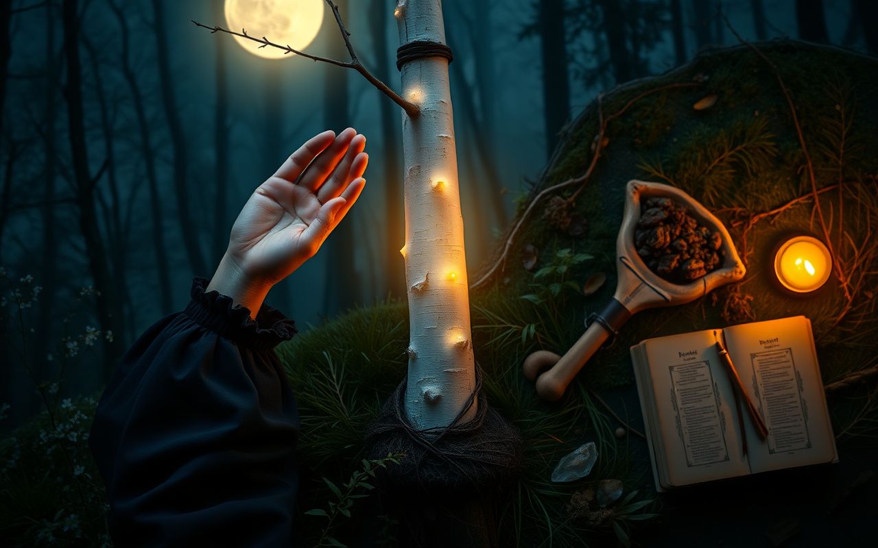 Person performing a Russian folk healing ritual by touching a birch tree in a moonlit forest.