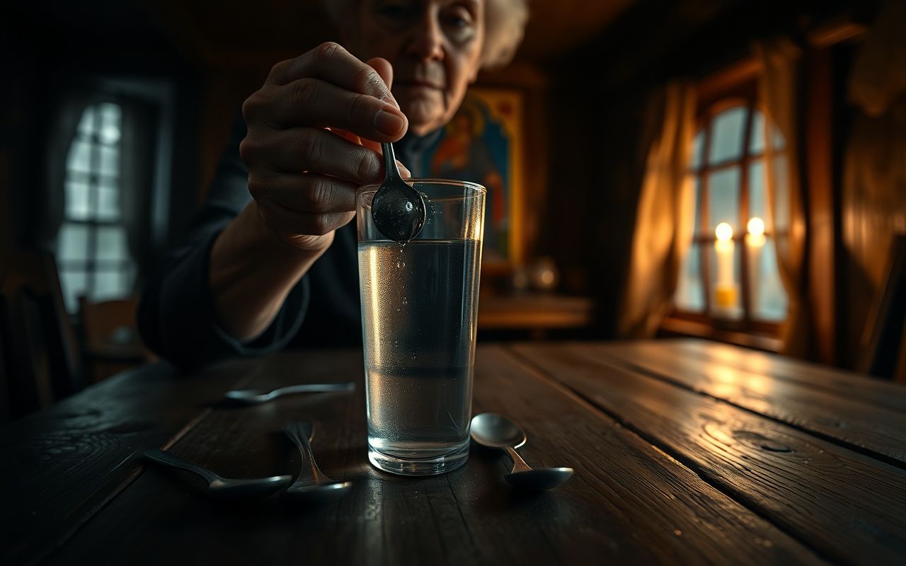 Elderly woman's hands performing Slavic folk ritual with three spoons and a glass of water on wooden table