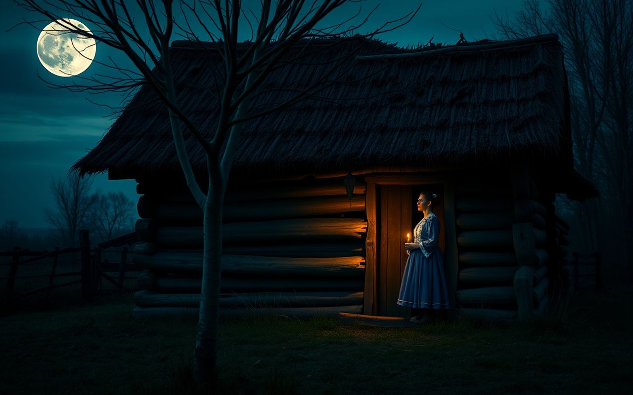 Slavic woman performing a healing ritual with a candle under a crescent moon near a birch tree in a village