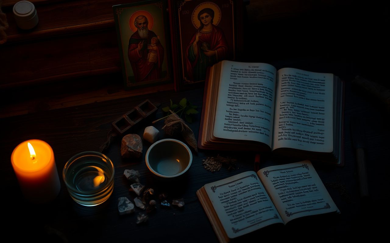 A candle, bowl of water, and open book on a wooden table in a rustic room, evoking Slavic folk healing rituals.