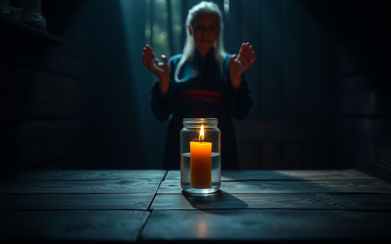Slavic healing ritual with candle, holy water, and rusalka folklore imagery in a dim wooden room