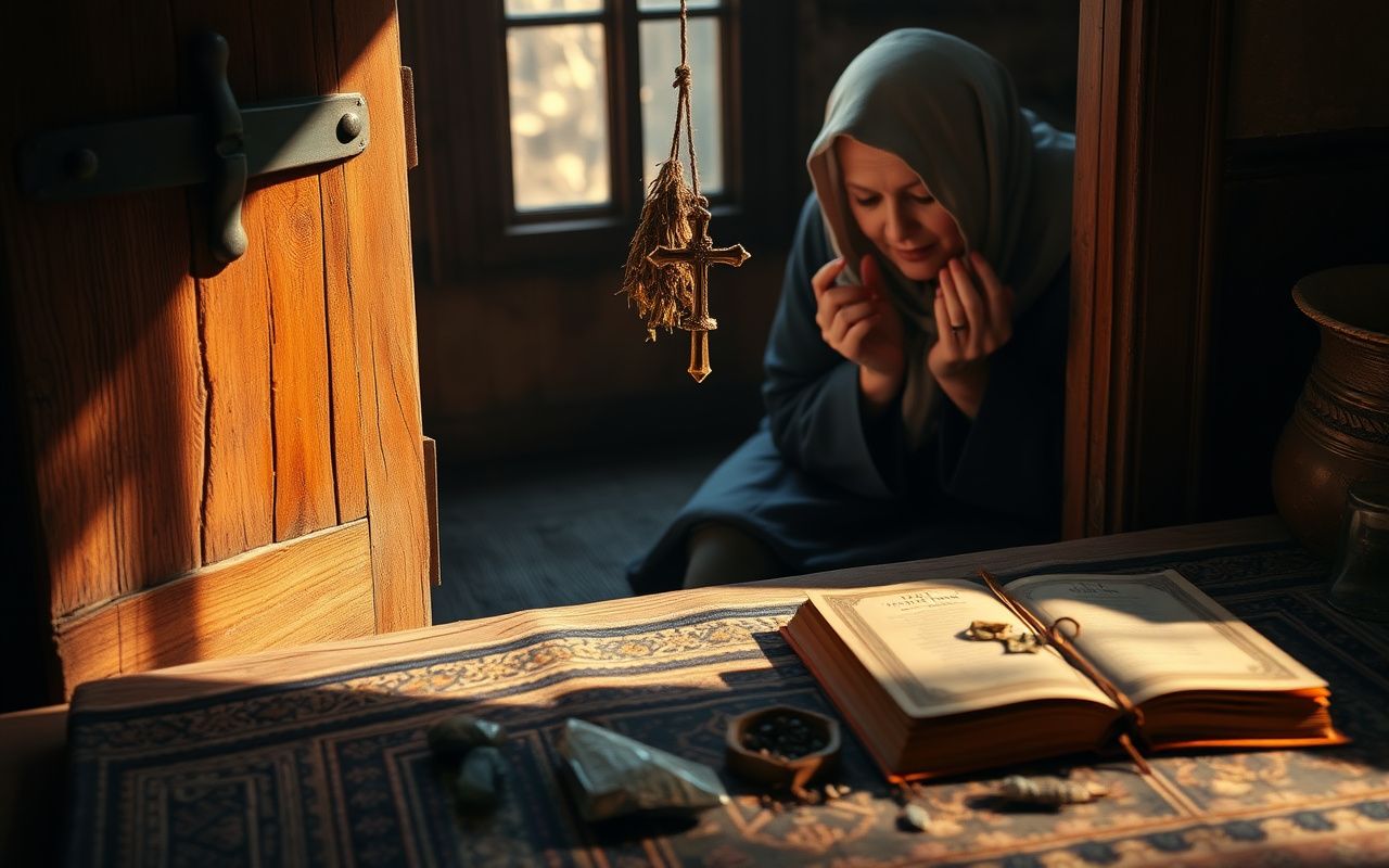 Old Slavic wooden door with protective charm and herbs, woman whispering a spell in folk tradition
