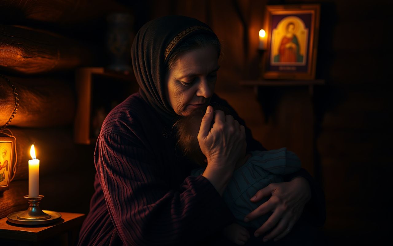 Slavic grandmother performing hair-biting protection ritual on grandchild in a rustic wooden hut with an icon and candlelight.