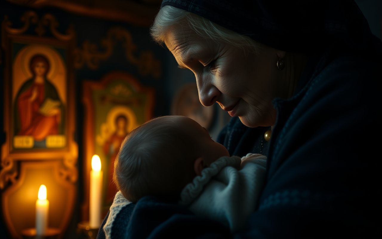 Slavic grandmother whispering a protective charm over her grandchild in a candlelit cottage