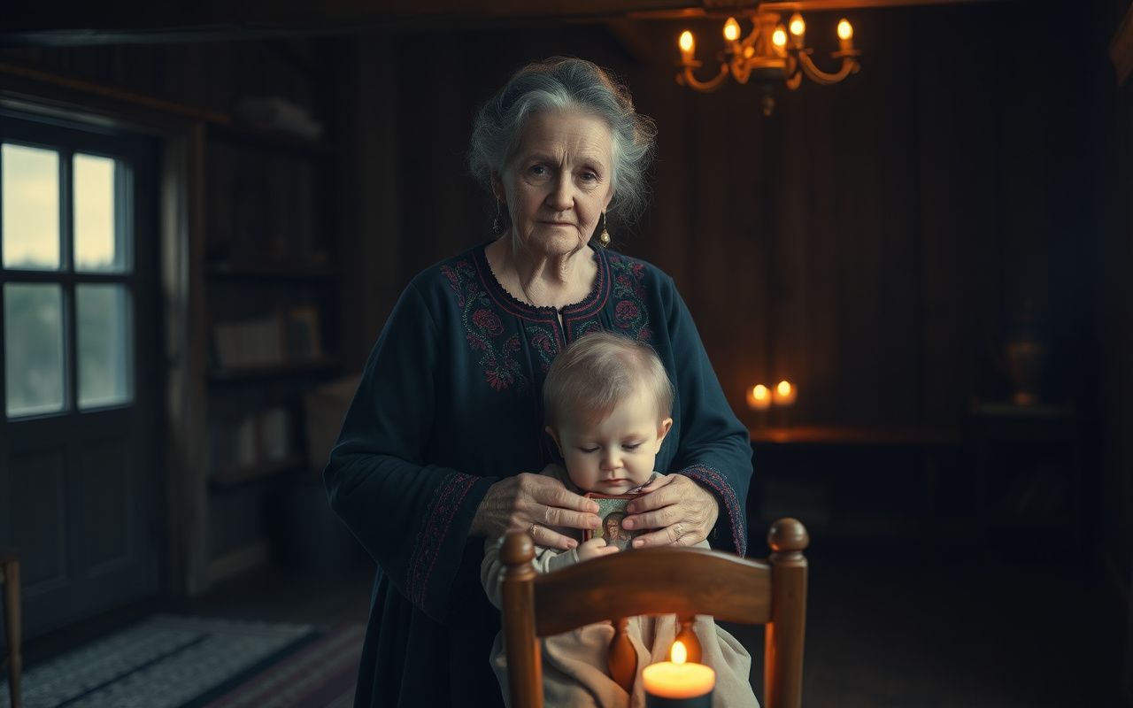 Slavic grandmother performing a protection spell with an icon and candlelight in a rustic cottage