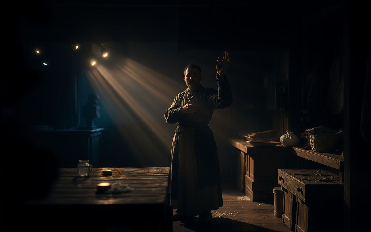 Slavic merchant performing a trade ritual at a market stall with a glowing coin and salt on the threshold.