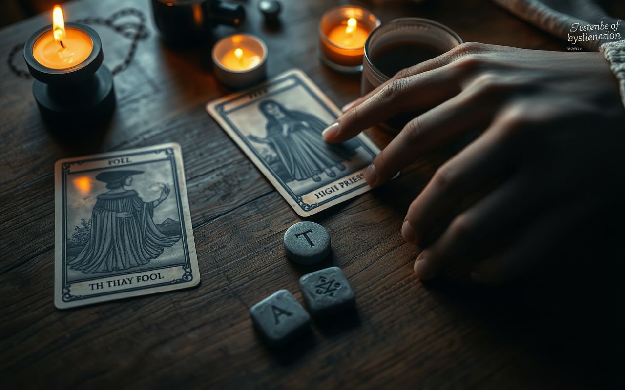 Tarot cards and rune stones on a wooden table with candlelight, representing divination systems
