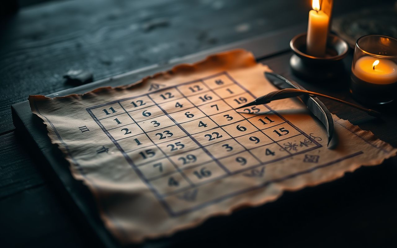 Old parchment with a 6x6 magic square grid, number 111 highlighted in gold, quill and candle beside it.