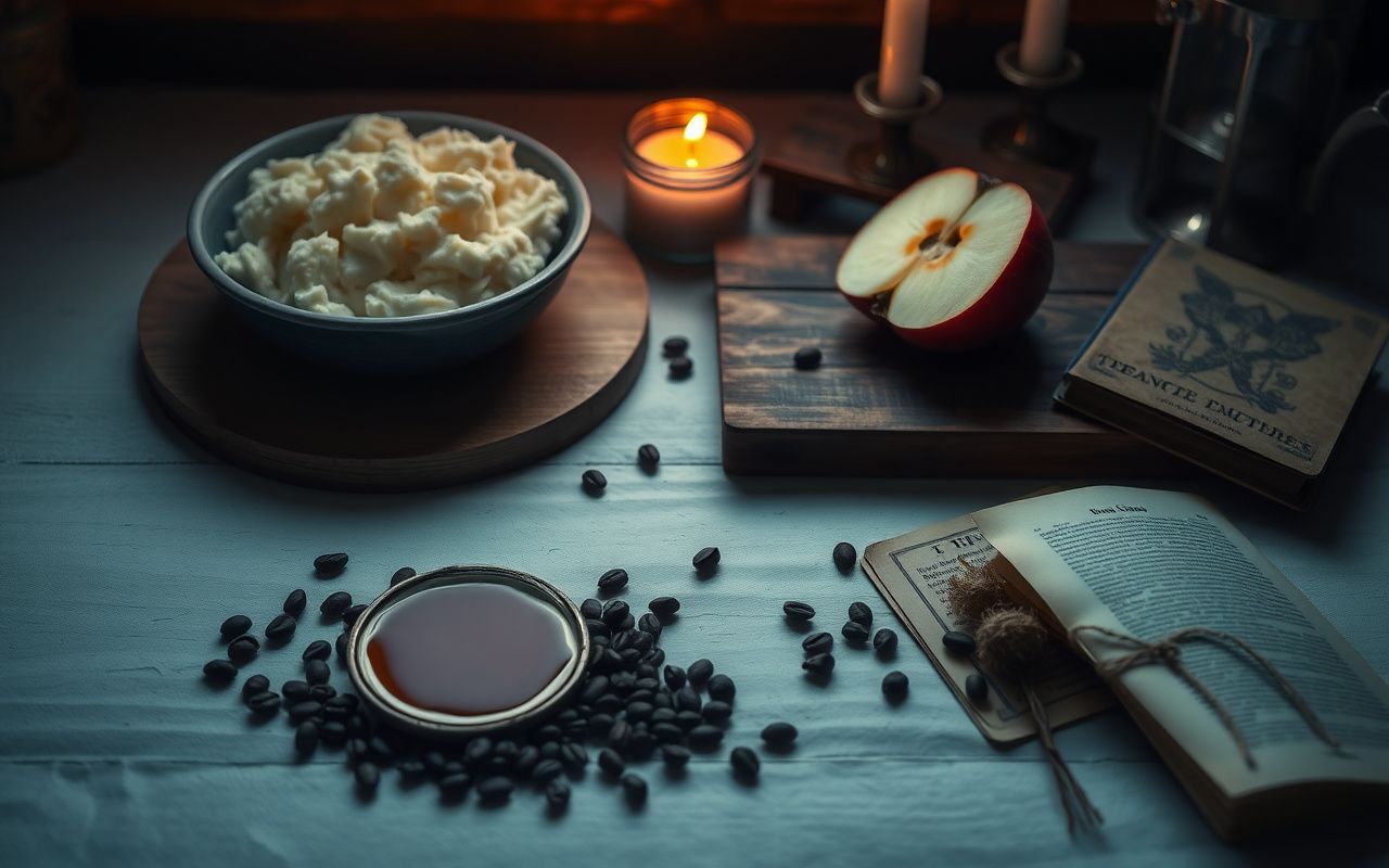 Rustic kitchen table with mashed potatoes, cut apple, wax in water, and coffee beans for folk divination.