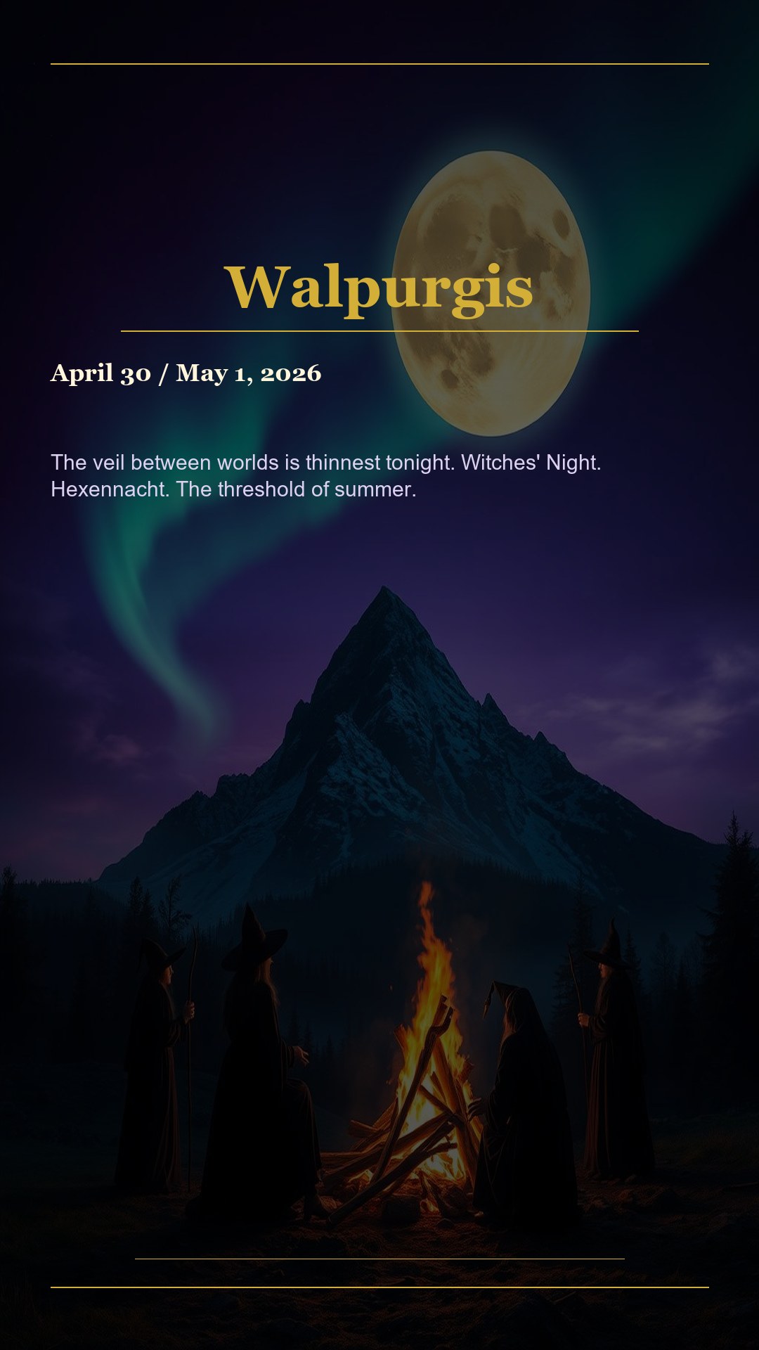 Walpurgis Night bonfire under full moon, witches gathered around the fire